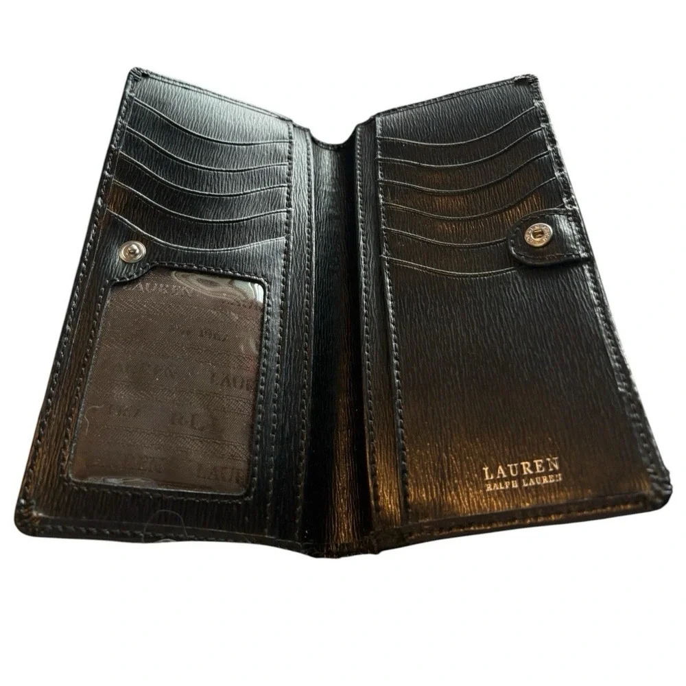 Lauren Ralph Lauren Sloan Street Slim Bifold Wallet Black Snap Close Zipper Logo